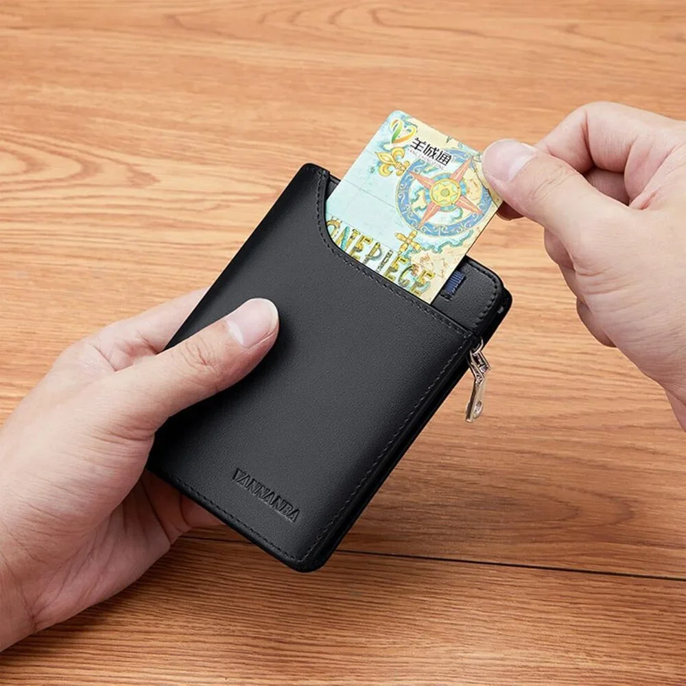 Men's Wallets Card Black Genuine Leather Slim Front Zipper Coin Pocket Design